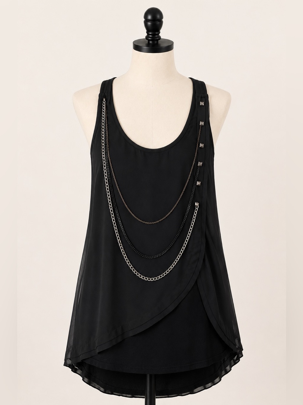 Y2K Rocker Glam Chain Embellished Racerback Black Layered Assymetrical Top M